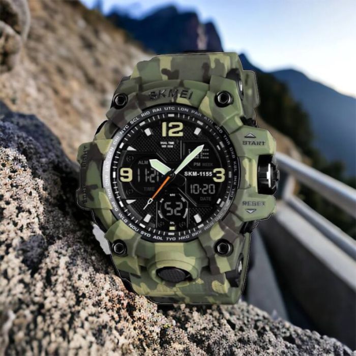 Часы наручные мужские SKMEI 1155BCMGN GREEN CAMO, брендовые мужские часы. Цвет: зеленый камуфляж