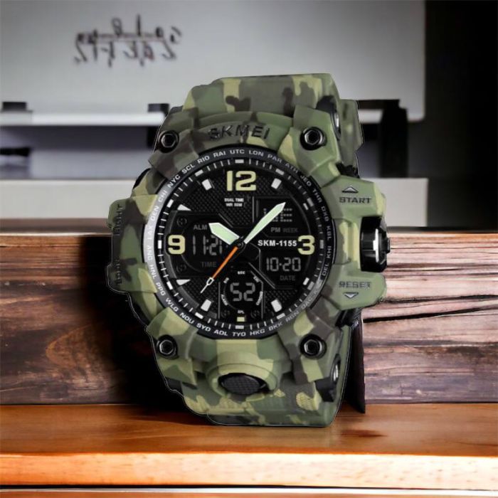 Часы наручные мужские SKMEI 1155BCMGN GREEN CAMO, брендовые мужские часы. Цвет: зеленый камуфляж
