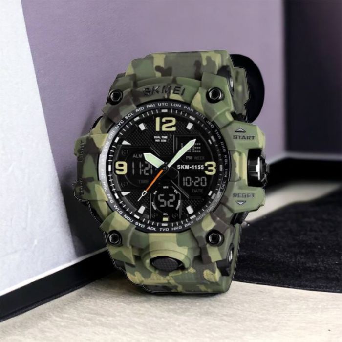 Часы наручные мужские SKMEI 1155BCMGN GREEN CAMO, брендовые мужские часы. Цвет: зеленый камуфляж