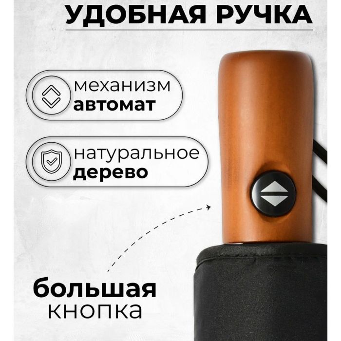 Зонтик премиум качества - Автоматический, мужской укреплённый зонт с деревянной ручкой