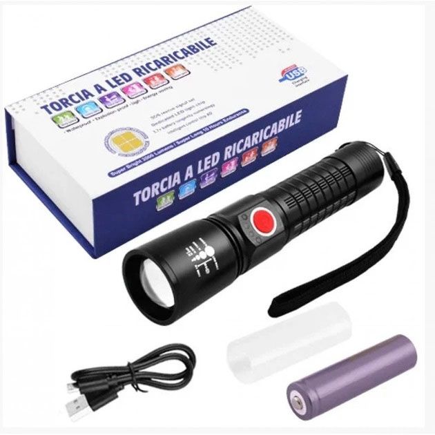 Фонарь переносной P520-P50, ЗУ Type-C, 1x18650/3xAAA, zoom, индикация заряда, ремешок, Водонепроницаемый
