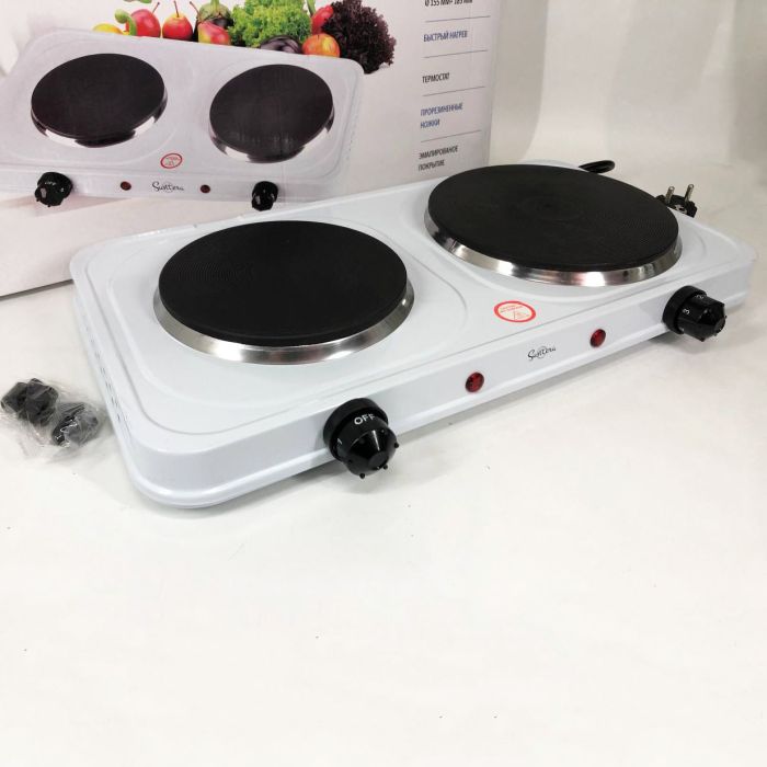 Плитка электрическая Suntera DP-1935B, 2500W, 2 конфорки разного диаметра, 2 конфорки. Цвет: белый