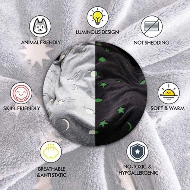 Светящийся в темноте плед плюшевое покрывало Blanket kids Magic Star 150х100 см флисовое одеяло. Цвет: синий