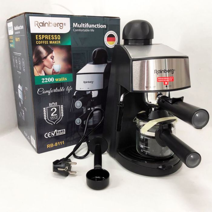 Кофемашина Rainberg RB-8111 кофеварка рожковая с капучинатором 2200W Espresso, маленькая кофемашина