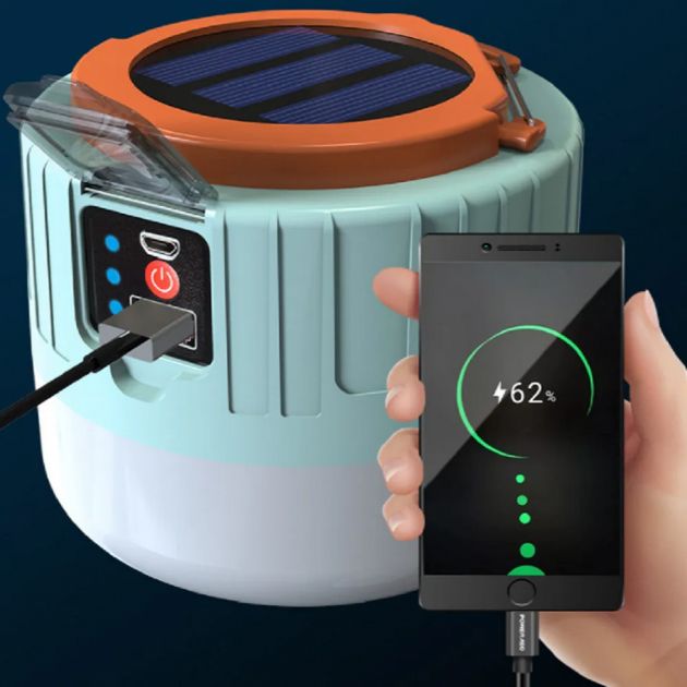 Фонарь кемпинг переносной 509-20LED, power bank, Li-Ion аккумулятор, солнечная батарея, ЗУ microUSB