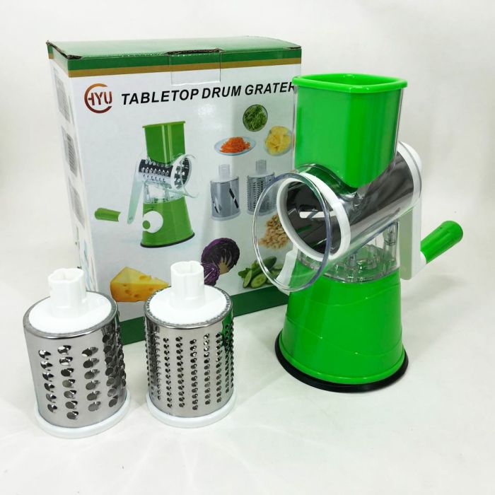 Овощерезка мультислайсер Tabletop Drum Grater Kitchen Master Терка для овощей и фруктов 3 насадки. Цвет: зеленый