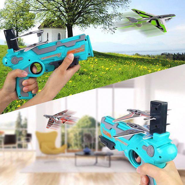 Детский игрушечный пистолет с самолетиками Air Battle катапульта с летающими самолетами (AB-1). Цвет: синий