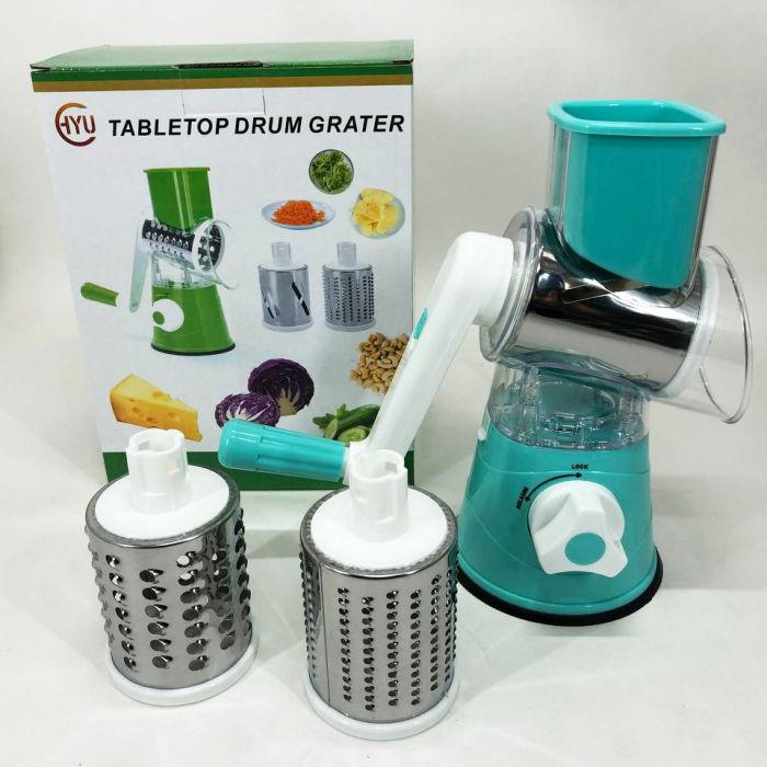 Овощерезка мультислайсер Tabletop Drum Grater Kitchen Master Терка для овощей и фруктов 3 насадки. Цвет: голубой