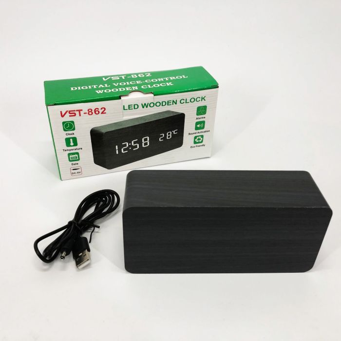 Электронные часы VST-862-4, с датчиком температуры, будильник, питание от USB. Цвет: черный-зеленый