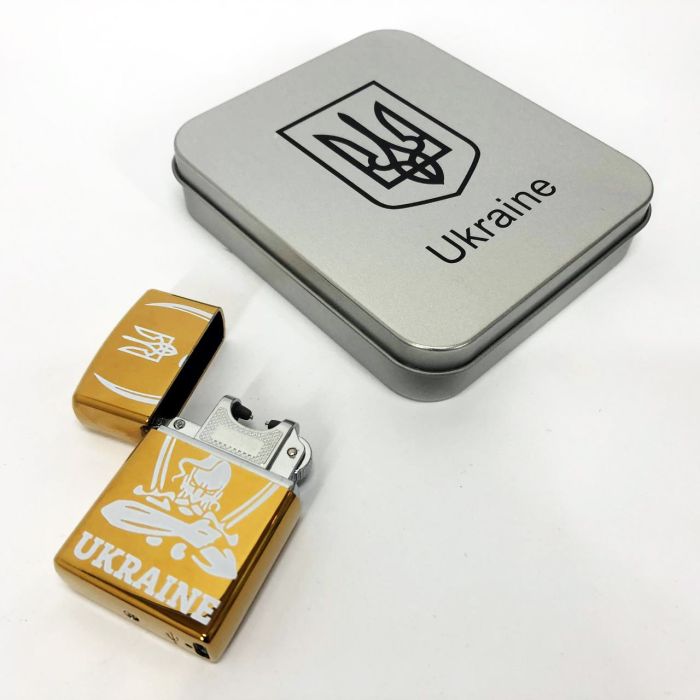 Дуговая электроимпульсная USB зажигалка Украина (металлическая коробка) HL-449. Цвет: золотой