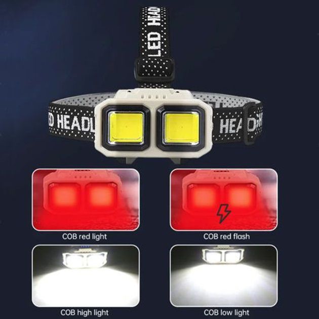 Фонарь налобный аккумуляторный Bailong HX-816S 2COB(white+red) с сенсорным датчиком влагозащита