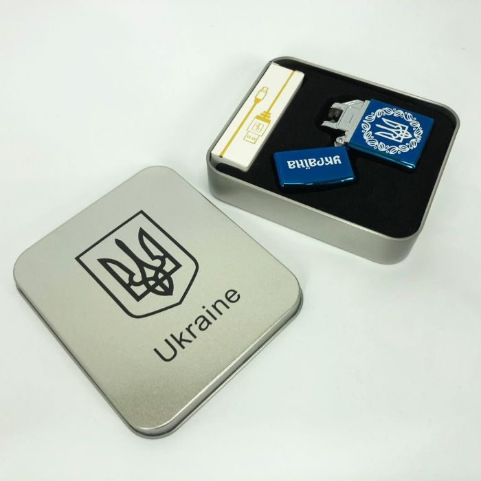 Дуговая электроимпульсная USB зажигалка Украина металлическая коробка HL-447. Цвет: синий