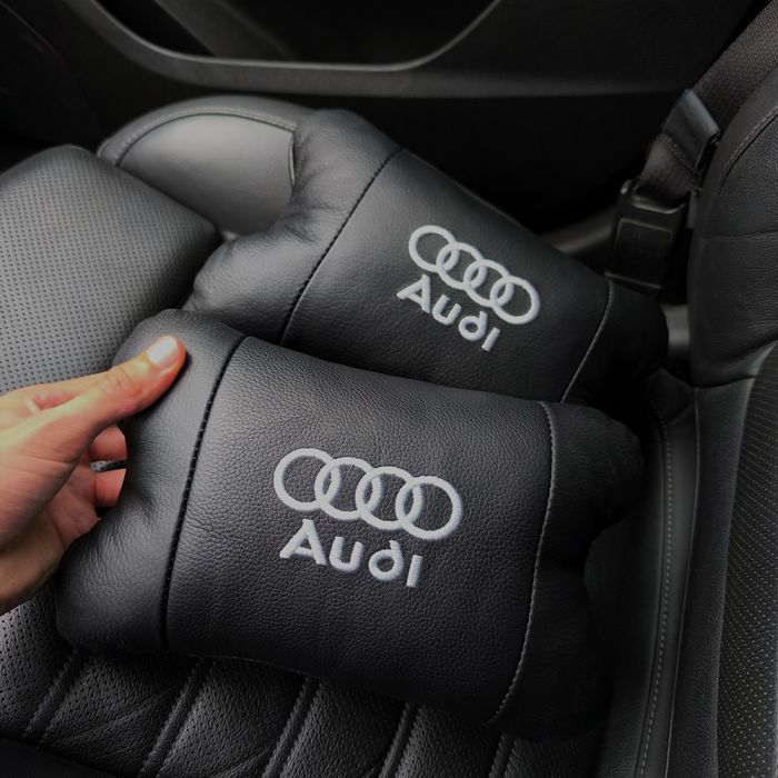 Набор автодушки 2шт на подголовник Audi / Ауди из натуральной кожи черная / Подголовник в машину