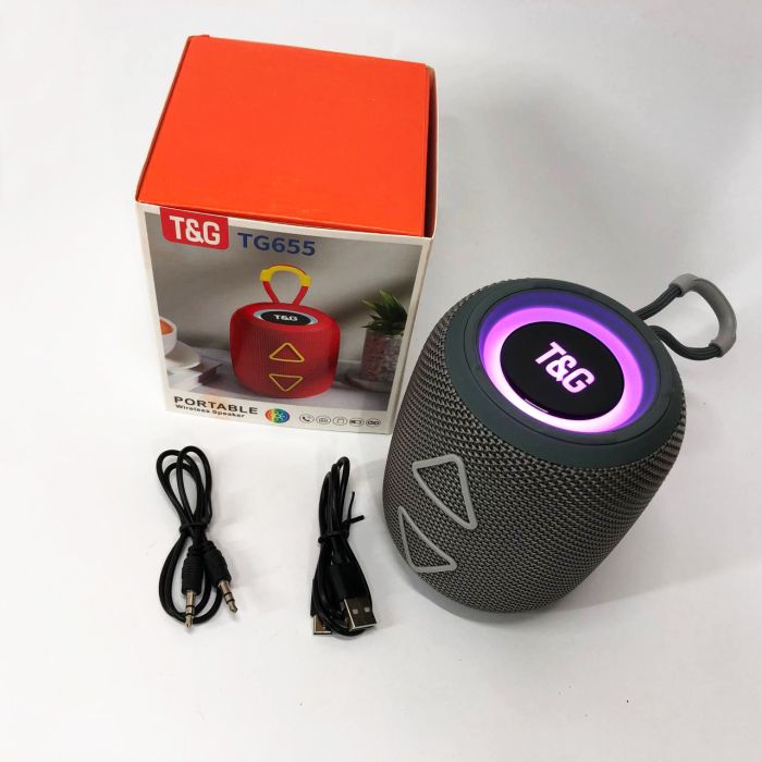 Портативная колонка TG655 5W с RGB подсветкой и ремешком, Громкая блютуз колонка. Цвет: серый