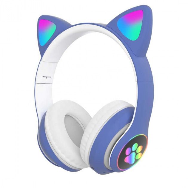 Беспроводные LED наушники с кошачьими ушками CAT STN-28, Стерео наушники с кошачьими ушками. Цвет: синий