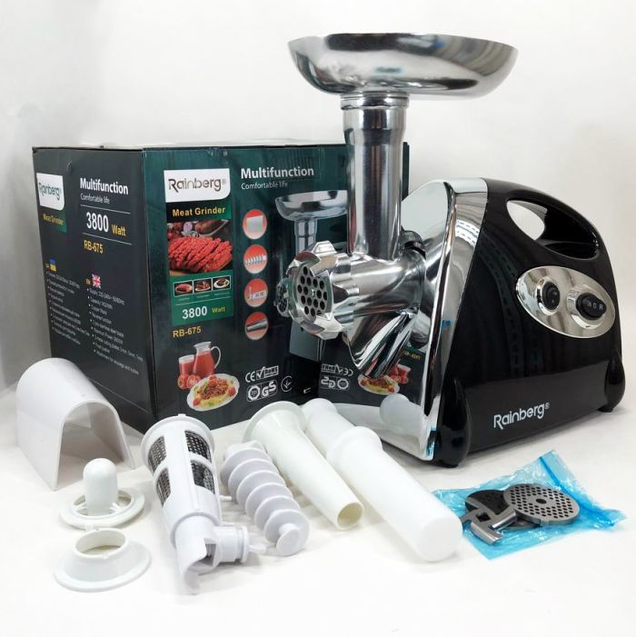 Мясорубка Rainberg RB-675 3800W с соковыжималкой, мясорубка электрическая металл. Цвет: черный