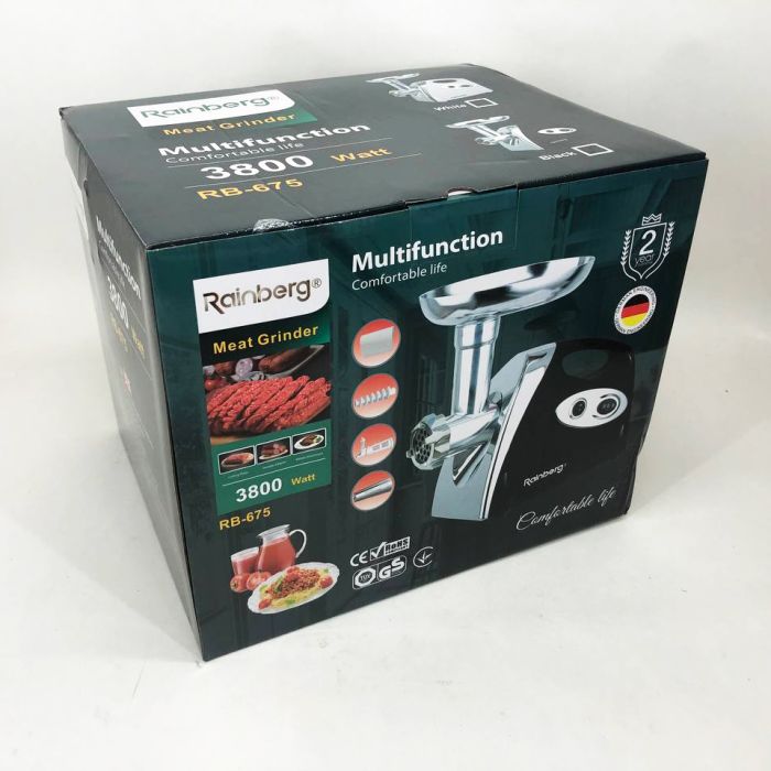 Мясорубка Rainberg RB-675 3800W с соковыжималкой, мясорубка электрическая металл. Цвет: черный