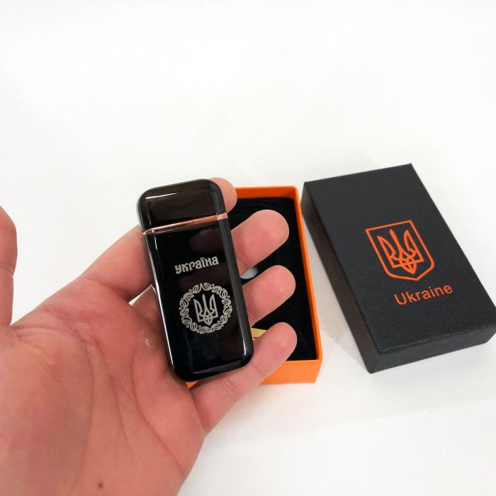 Дуговая электроимпульсная USB зажигалка Герб Украины (индикатор заряда, фонарик) HL-442. Цвет: черный