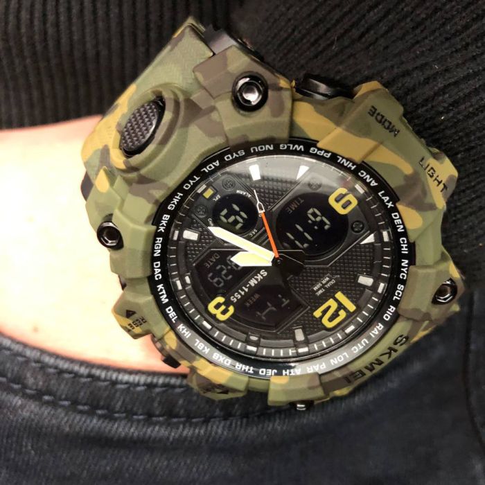 Часы наручные мужские SKMEI 1155BCMGN GREEN CAMO, брендовые мужские часы. Цвет: зеленый камуфляж