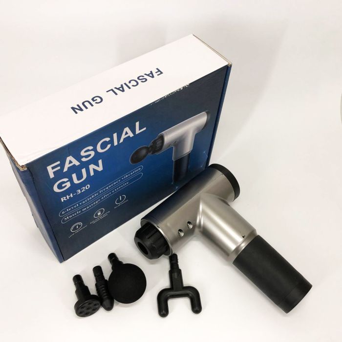 Аккумуляторный массажер Fascial Gun KH-320 портативный ручной ударный мышечный пистолет 4 насадки серый