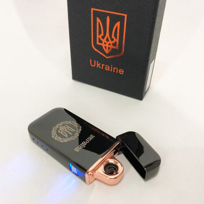 Дуговая электроимпульсная USB зажигалка Герб Украины (индикатор заряда, фонарик) HL-442. Цвет: черный