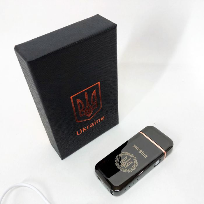 Дуговая электроимпульсная USB зажигалка Герб Украины (индикатор заряда, фонарик) HL-442. Цвет: черный