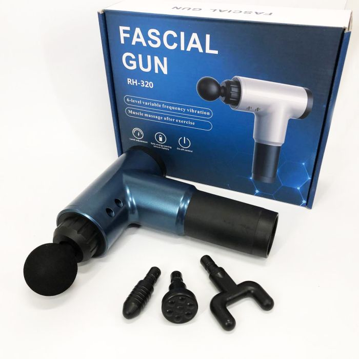 Аккумуляторный массажер Fascial Gun KH-320 портативный ручной ударный мышечный пистолет 4 насадки синий