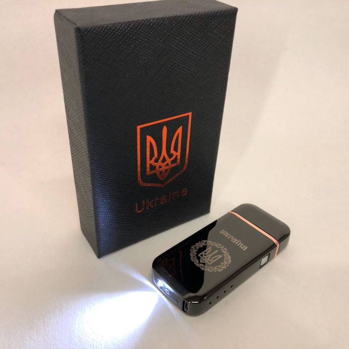 Дуговая электроимпульсная USB зажигалка Герб Украины (индикатор заряда, фонарик) HL-442. Цвет: черный
