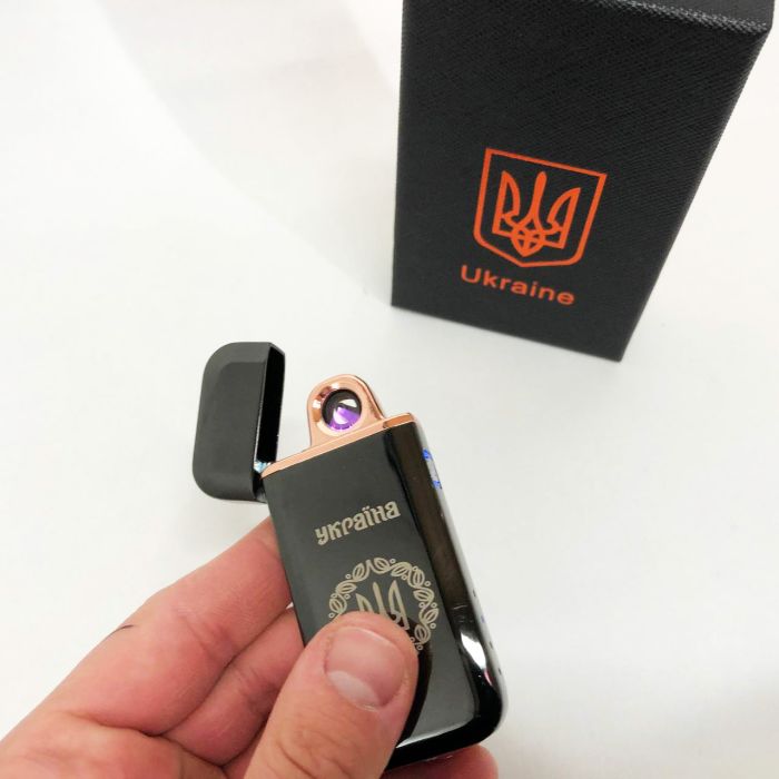 Дуговая электроимпульсная USB зажигалка Герб Украины (индикатор заряда, фонарик) HL-442. Цвет: черный