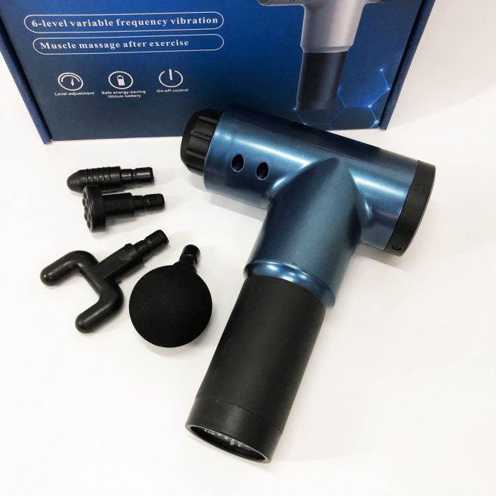 Аккумуляторный массажер Fascial Gun KH-320 портативный ручной ударный мышечный пистолет 4 насадки синий