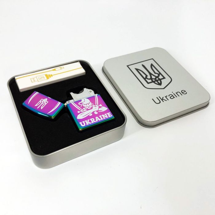 Дуговая электроимпульсная USB зажигалка Украина (металлическая коробка) HL-449. Цвет: хамелеон