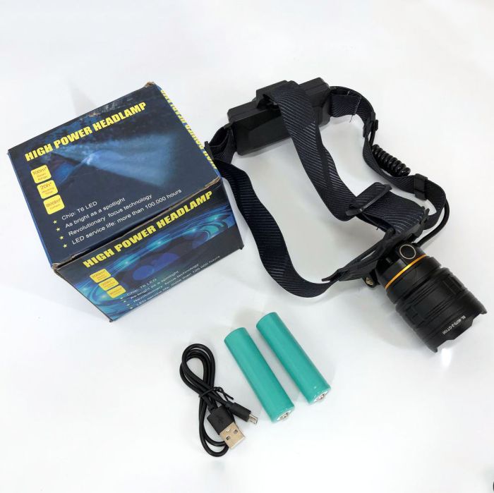 Фонарь налобный мощный Bailong BL-8075-2-GT100, 3 режима, Zoom, алюминий, аккум 2*18650, USB кабель