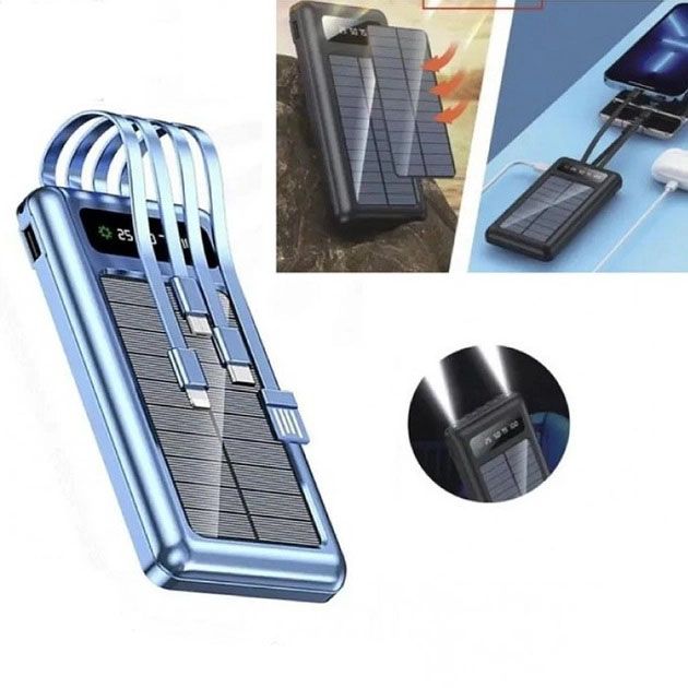 Портативное зарядное устройство на 10000 mAh, Power Bank на солнечной батарее, зарядка. Цвет: синий