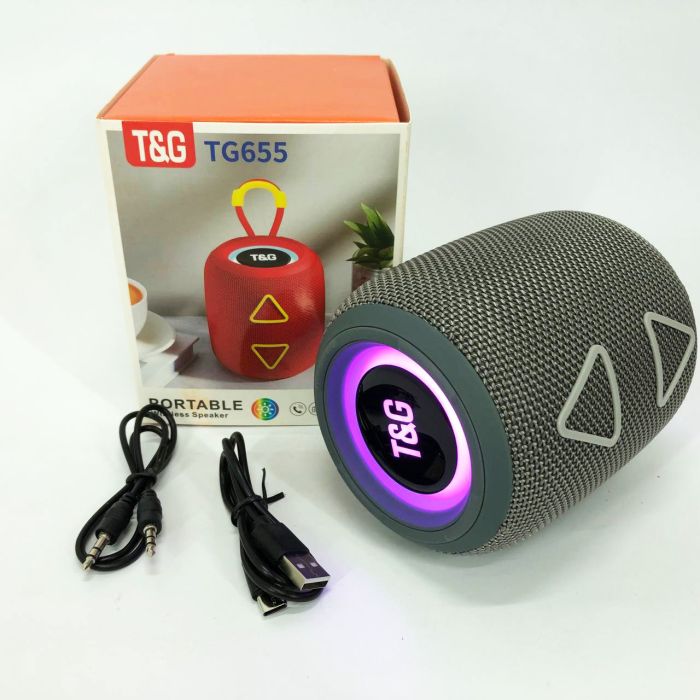 Портативная колонка TG655 5W с RGB подсветкой и ремешком, Громкая блютуз колонка. Цвет: серый