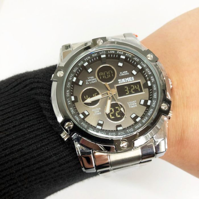 Часы наручные мужские SKMEI 1389SIBK SILVER-BLACK, модные мужские часы. Цвет: серебряный + черный