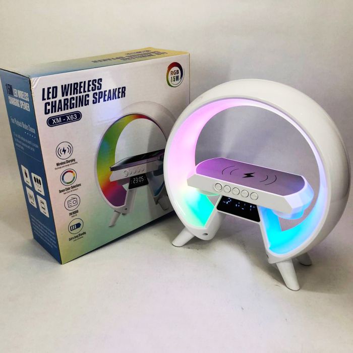 LED Лампа ночник с беспроводной зарядкой и Bluetooth динамиком G-Lite XM-X63, Часы хамелеон с будильник