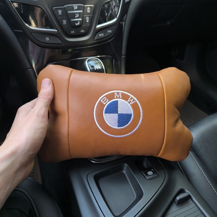 Комплект автоподушек 2шт из натуральной коричневой кожи для BMW. Ортопедическая подушка в авто БМВ