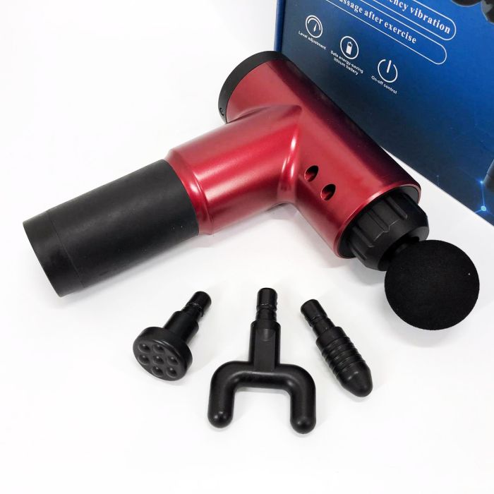 Аккумуляторный массажер Fascial Gun KH-320 портативный ручной ударный мышечный пистолет 4 насадки красный
