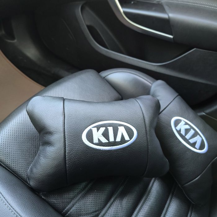 Автодушки 2 шт на подголовник Kia/Киа, натуральная кожа, черные, Подголовник для авто с комфортом