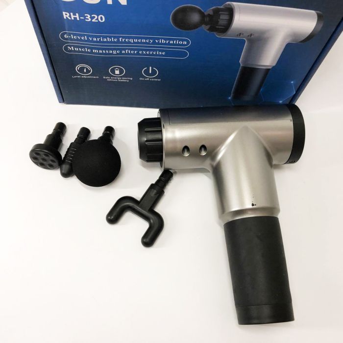 Аккумуляторный массажер Fascial Gun KH-320 портативный ручной ударный мышечный пистолет 4 насадки серый