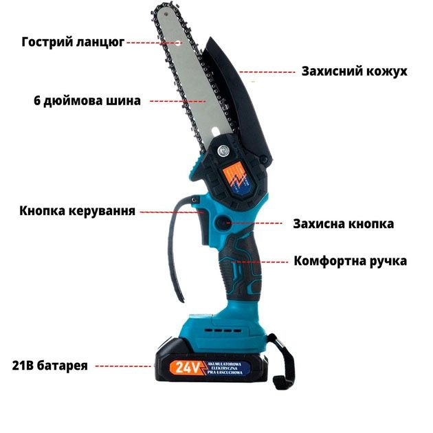 Аккумуляторная цепная мини пила 6"(15 см) Domotec 24V для обрезки деревьев и распила дров, по дереву