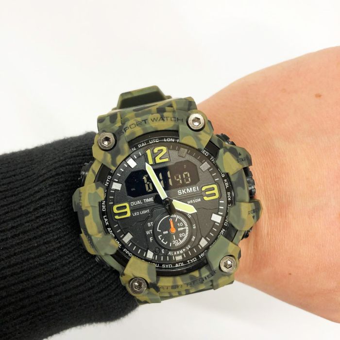 Часы наручные мужские SKMEI 1965CMGN CAMO GREEN, военные мужские наручные часы зеленые. Цвет: камуфляж