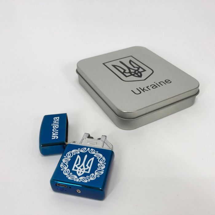 Дуговая электроимпульсная USB зажигалка Украина металлическая коробка HL-447. Цвет: синий
