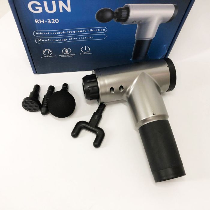 Аккумуляторный массажер Fascial Gun KH-320 портативный ручной ударный мышечный пистолет 4 насадки серый