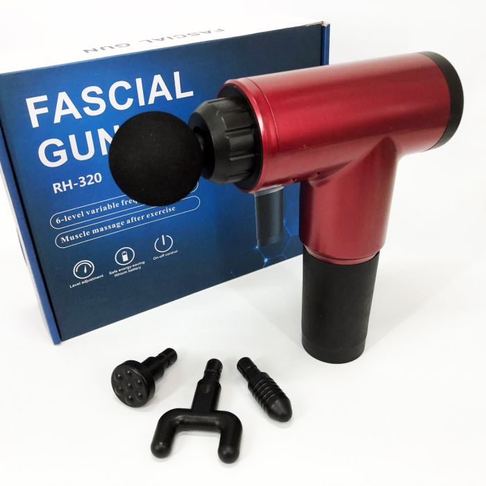 Аккумуляторный массажер Fascial Gun KH-320 портативный ручной ударный мышечный пистолет 4 насадки красный