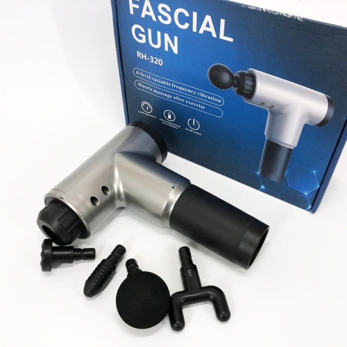 Аккумуляторный массажер Fascial Gun KH-320 портативный ручной ударный мышечный пистолет 4 насадки серый