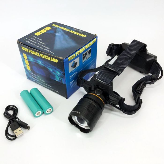 Фонарь налобный мощный Bailong BL-8075-2-GT100, 3 режима, Zoom, алюминий, аккум 2*18650, USB кабель