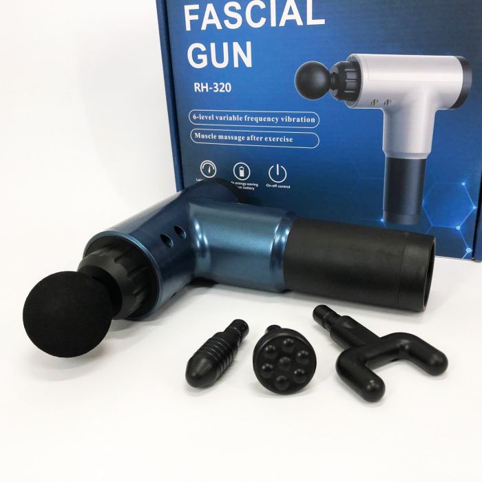 Аккумуляторный массажер Fascial Gun KH-320 портативный ручной ударный мышечный пистолет 4 насадки синий