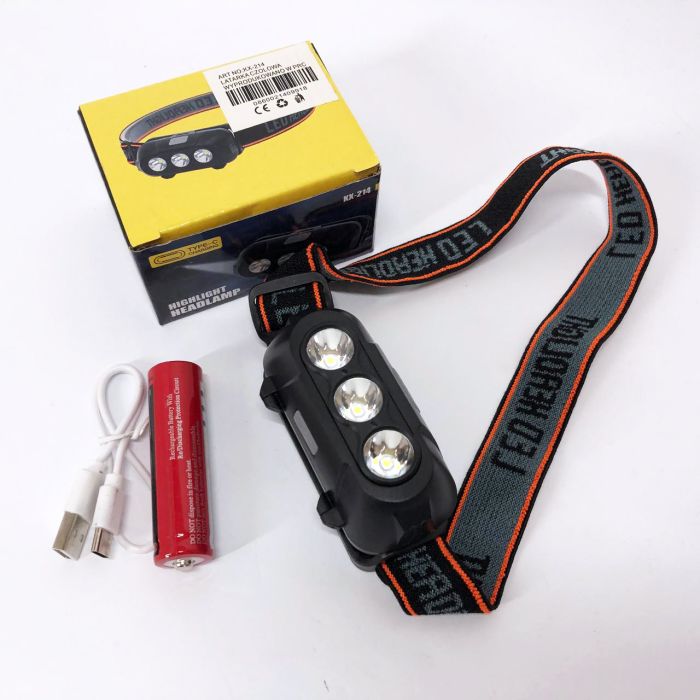 Фонарь налобный аккумуляторный KX-214-3LED, мощный фонарик светодиодный на голову водонепроницаемый