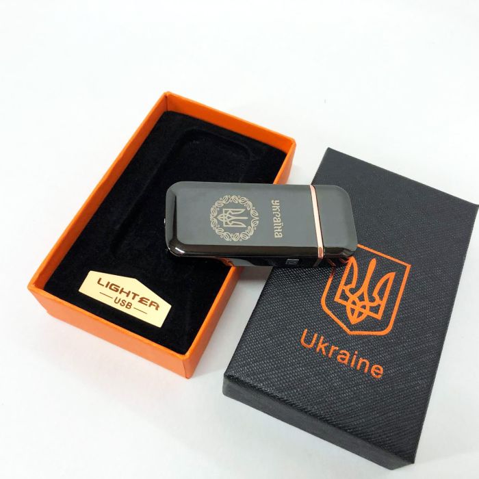 Дуговая электроимпульсная USB зажигалка Герб Украины (индикатор заряда, фонарик) HL-442. Цвет: черный